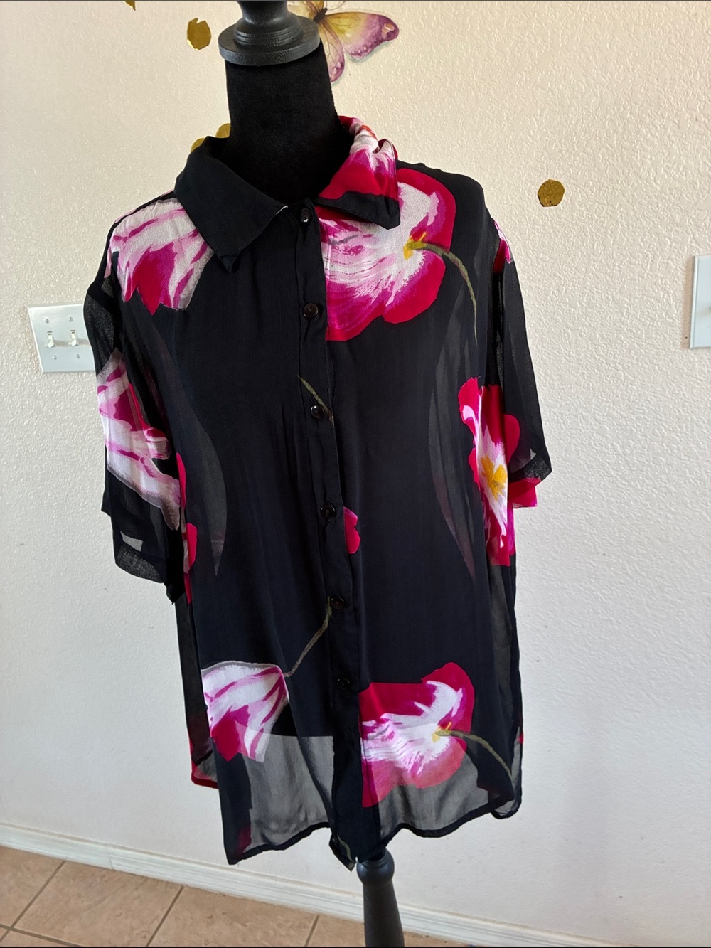 Sheer Black Button-Down Blouse with Pink Floral Print